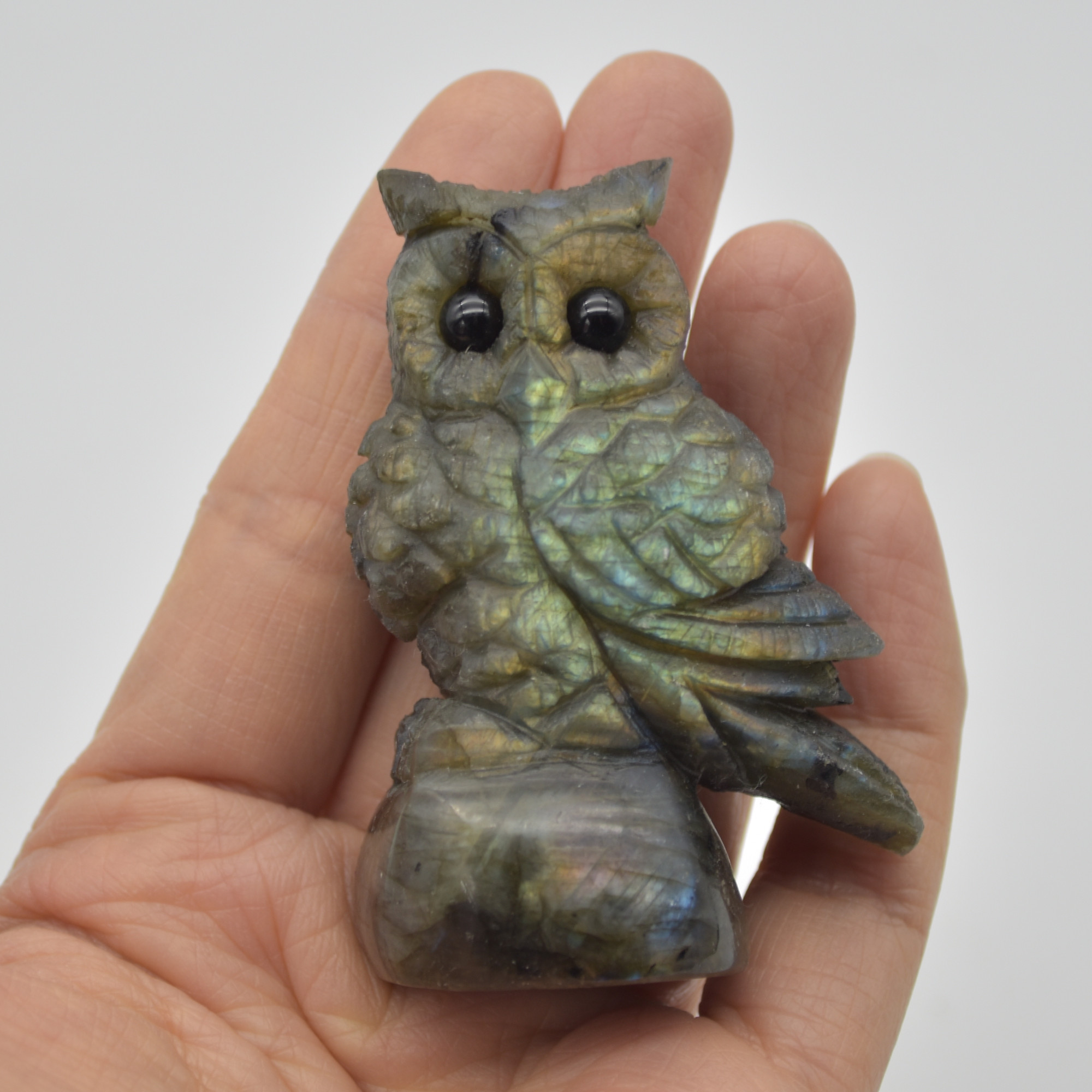 Labradorite Crystal Owl on Rock - 6cm x 4.5cm x 2.5cm - 85 grams #08