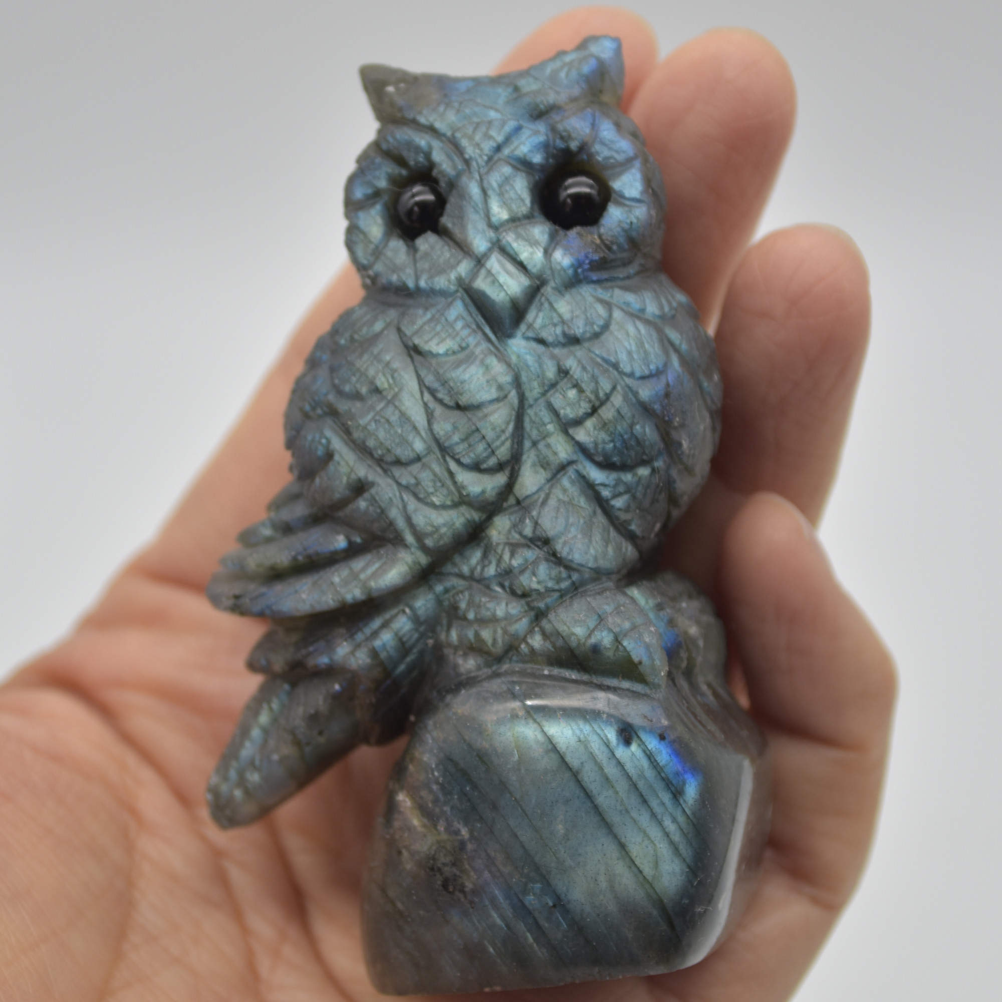 Labradorite Crystal Owl on Rock - 7.5cm x 4.5cm x 3cm - 136 grams #02