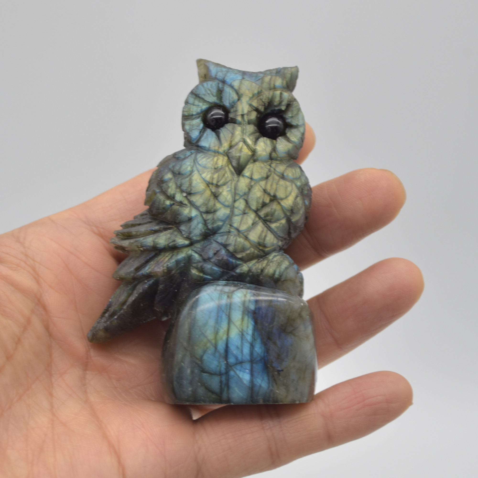 Labradorite Crystal Owl on Rock - 8cm x 5.5cm x 3cm - 183 grams #04