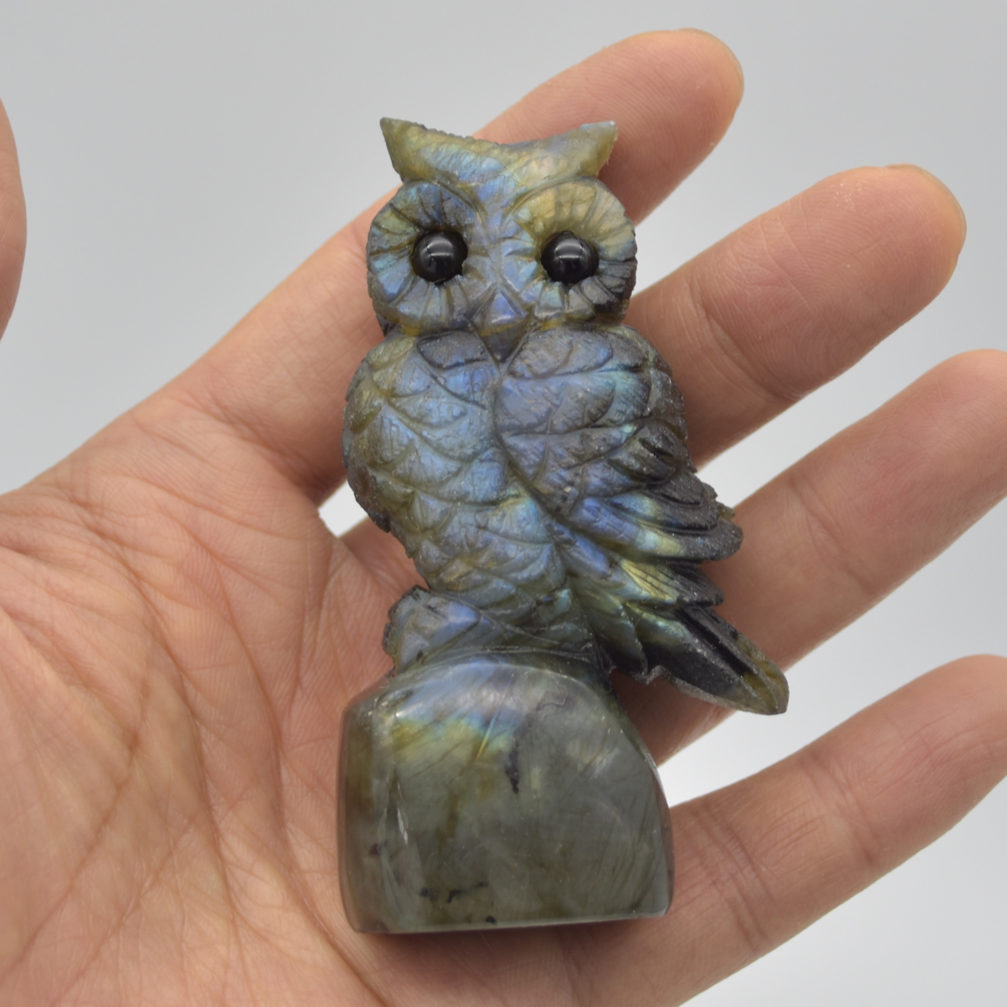 Labradorite Crystal Owl on Rock - 8cm x 4.5cm x 3cm - 128 grams #06