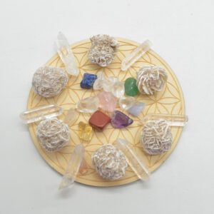 7 Chakra Crystal Healing Reiki Stones Desert Rose Selenite and Flower of Life Wooden Grid Set C2