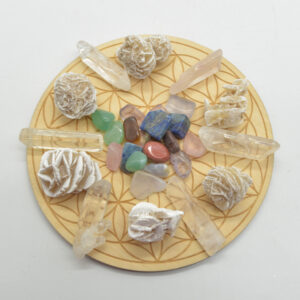 7 Chakra Crystal Healing Reiki Stones Desert Rose Selenite and Flower of Life Wooden Grid Set C3
