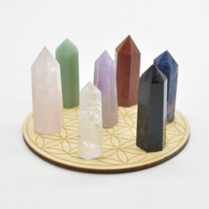 7 Chakra Crystal Healing Reiki Points / Towers / Wands and Wooden Flower of Life Grid