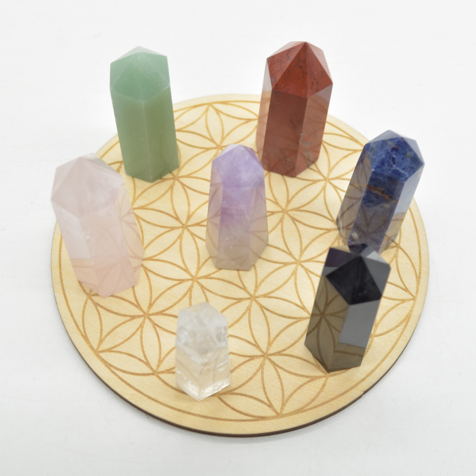 7 Chakra Crystal Healing Reiki Points / Towers / Wands and Wooden Flower of Life Grid - Image 2