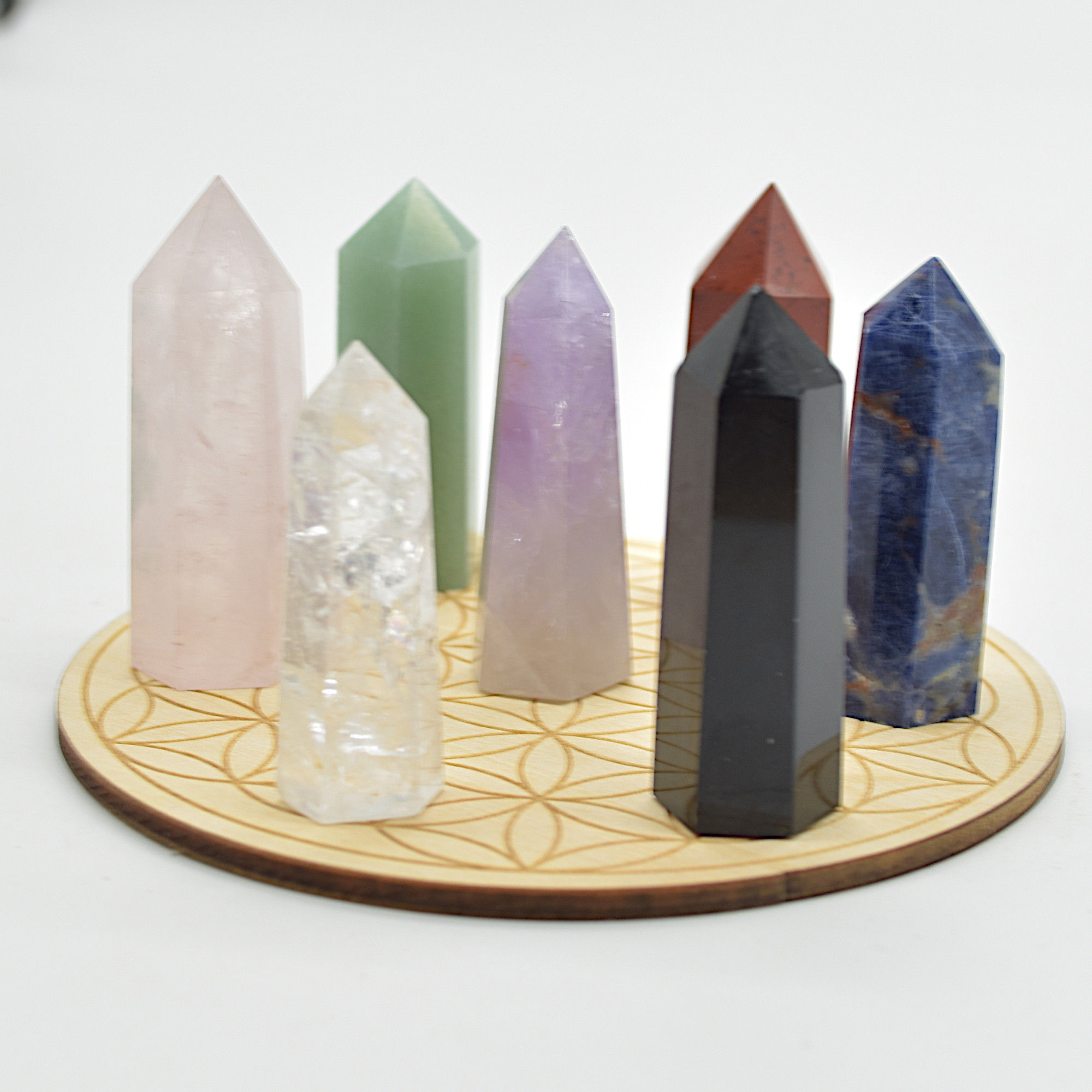 7 Chakra Crystal Healing Reiki Points / Towers / Wands and Wooden Flower of Life Grid - Image 3
