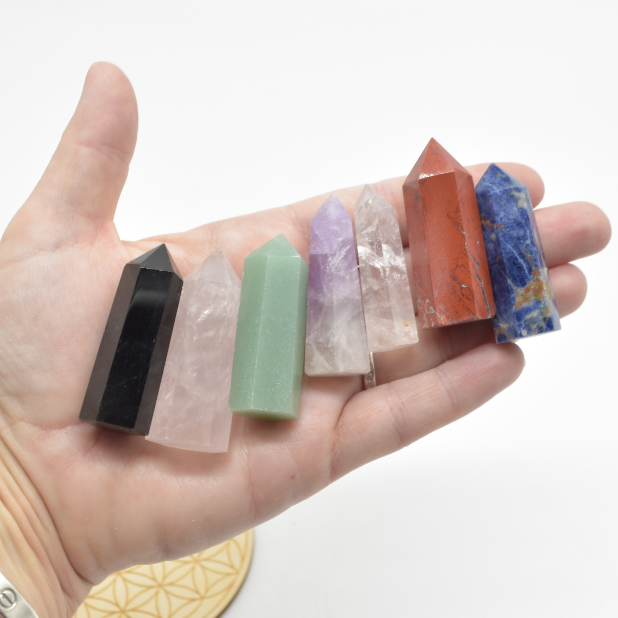 7 Chakra Crystal Healing Reiki Points / Towers / Wands and Wooden Flower of Life Grid - Image 4