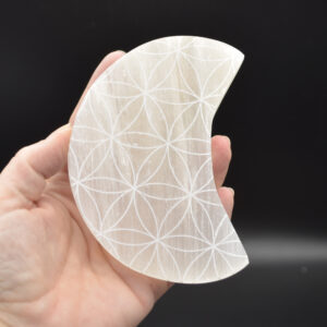 Selenite Moon Charging Plate with Engraved Flower Grid - 12cm - 1 Count