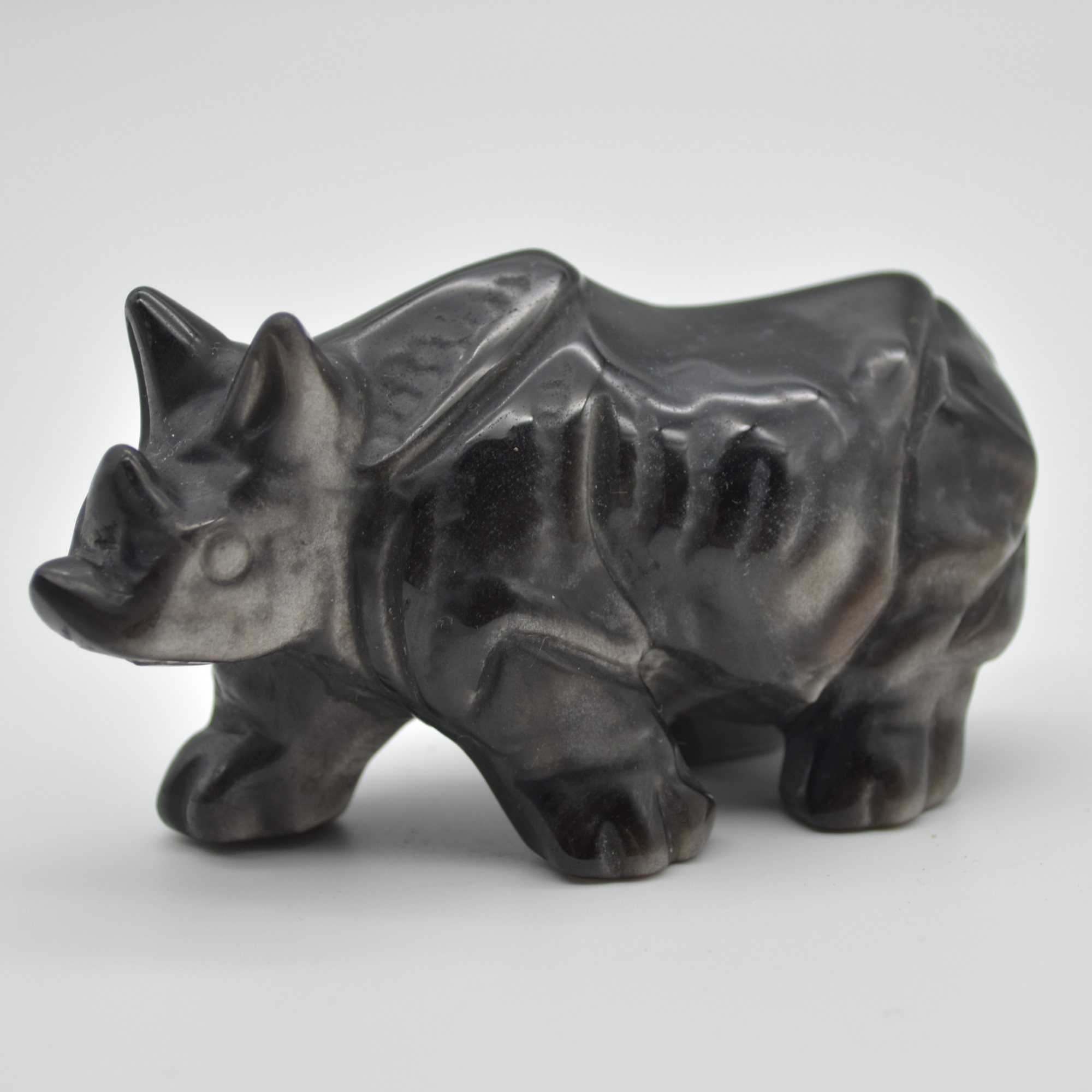 Silver Sheen Obsidian Gemstone Carved Rhino - 5cm x 8.5cm x 4cm #02 - Image 2