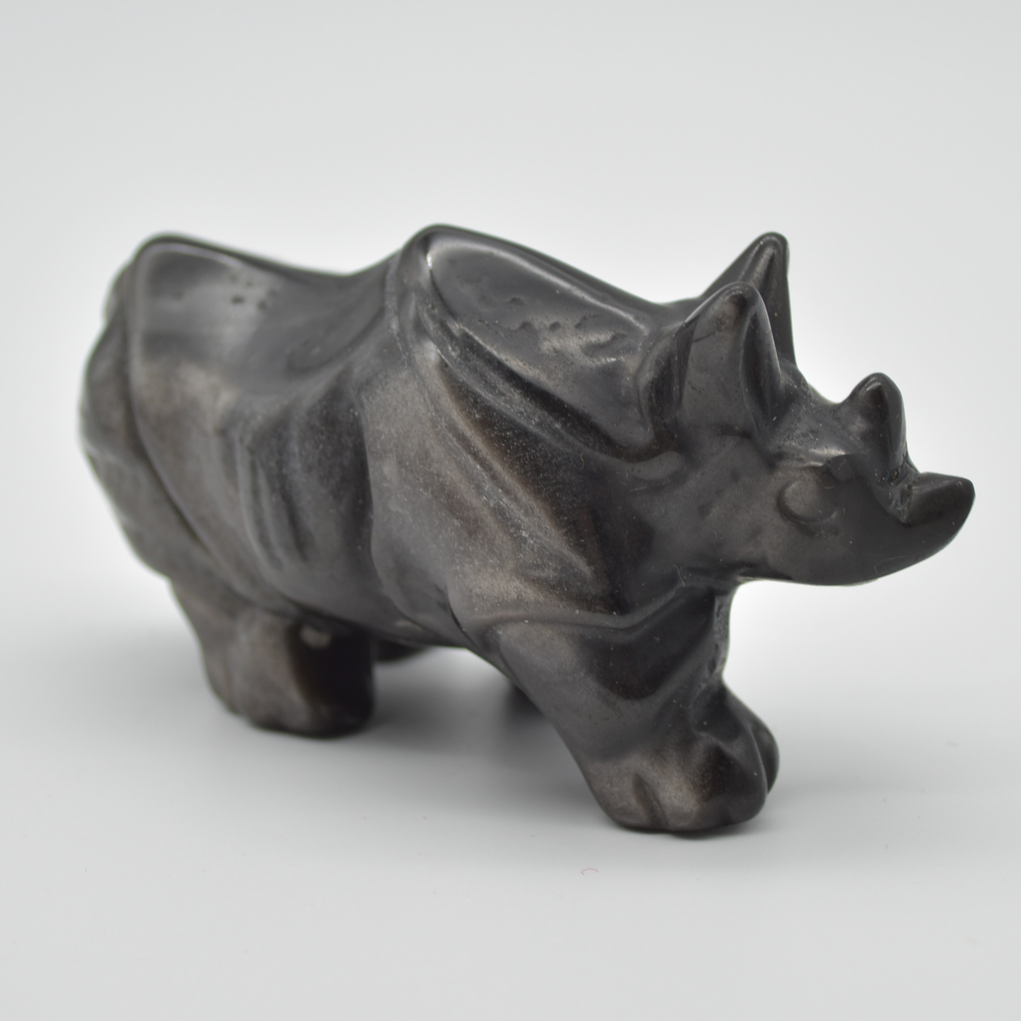 Silver Sheen Obsidian Gemstone Carved Rhino - 5cm x 8.5cm x 4cm #02 - Image 3