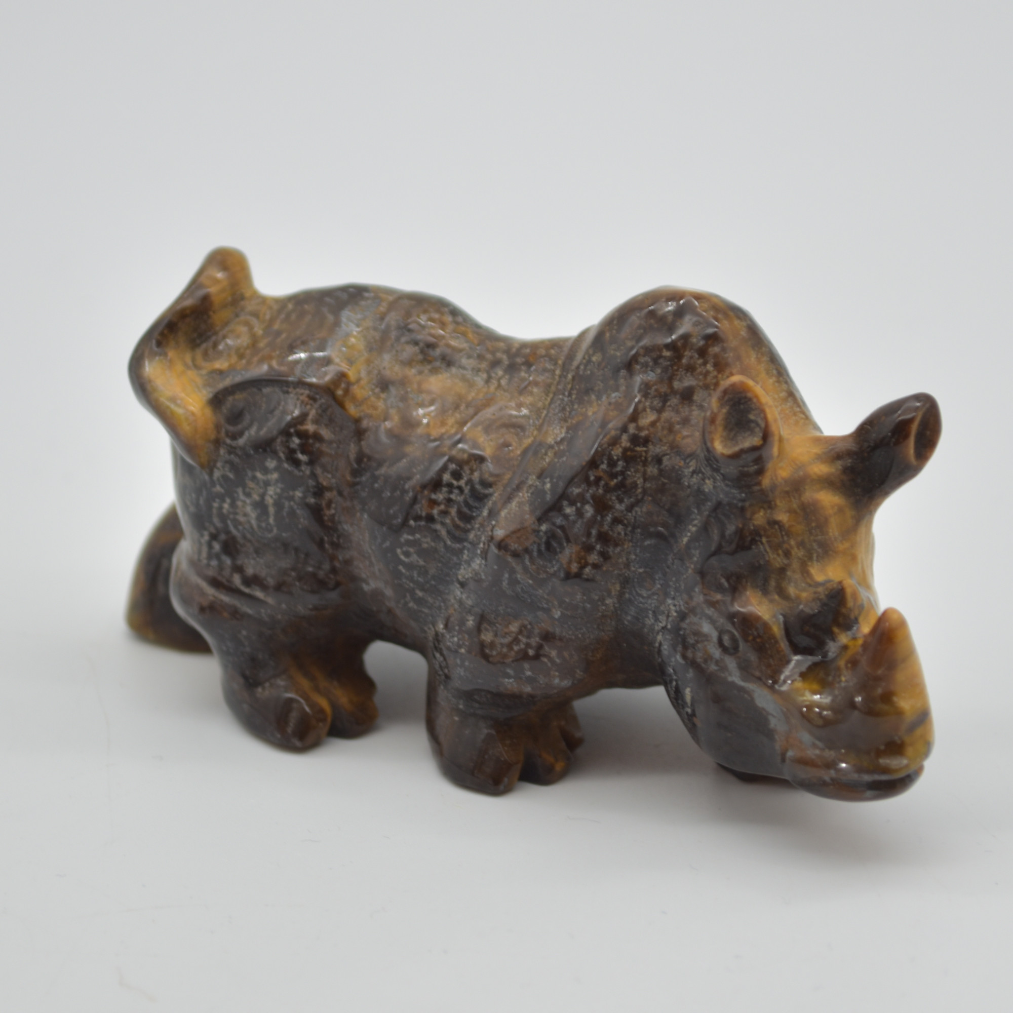 Tiger Eye Gemstone Carving - Rhino - 9.8cm - #02