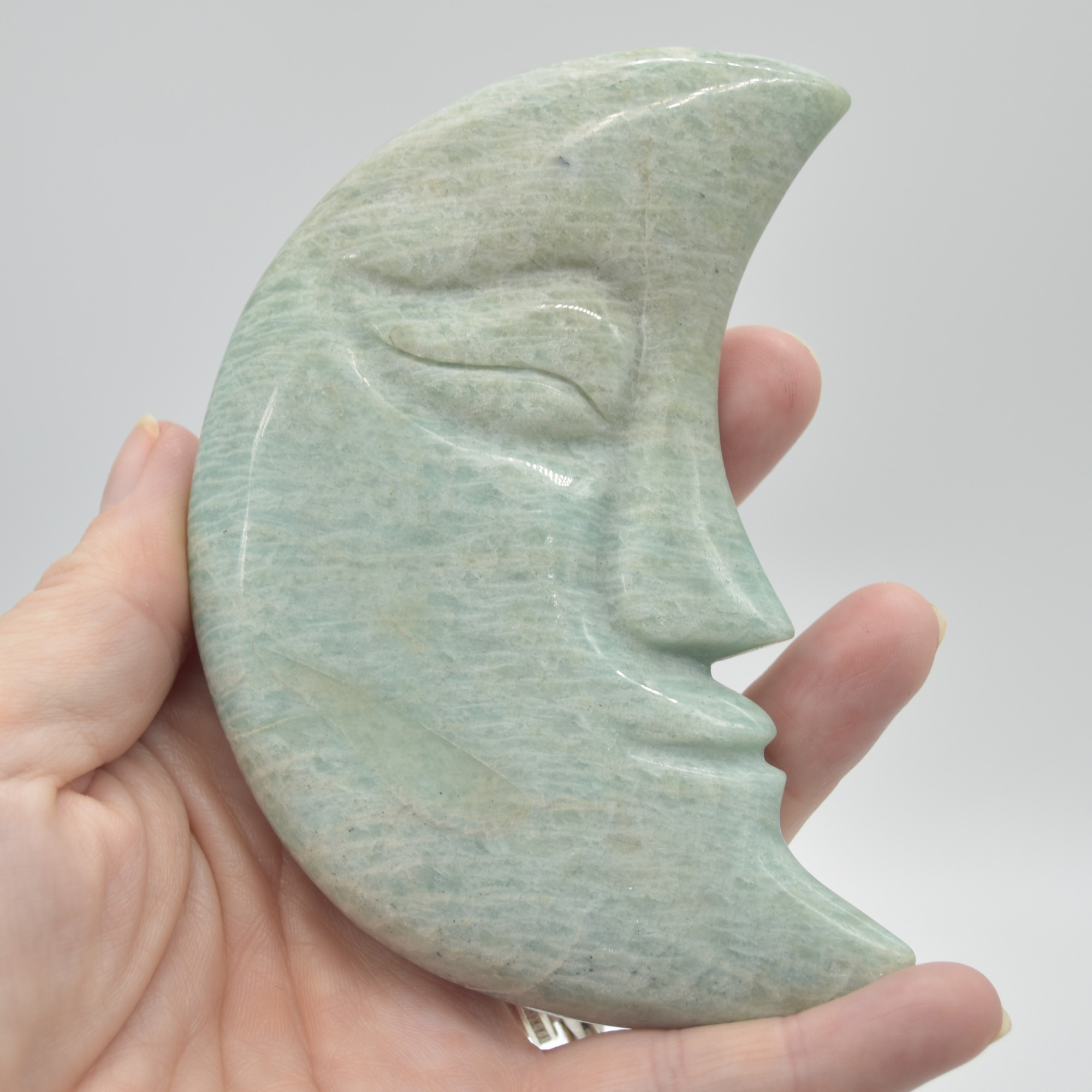 Amazonite Carved Moon with Face - 10.5cm #01