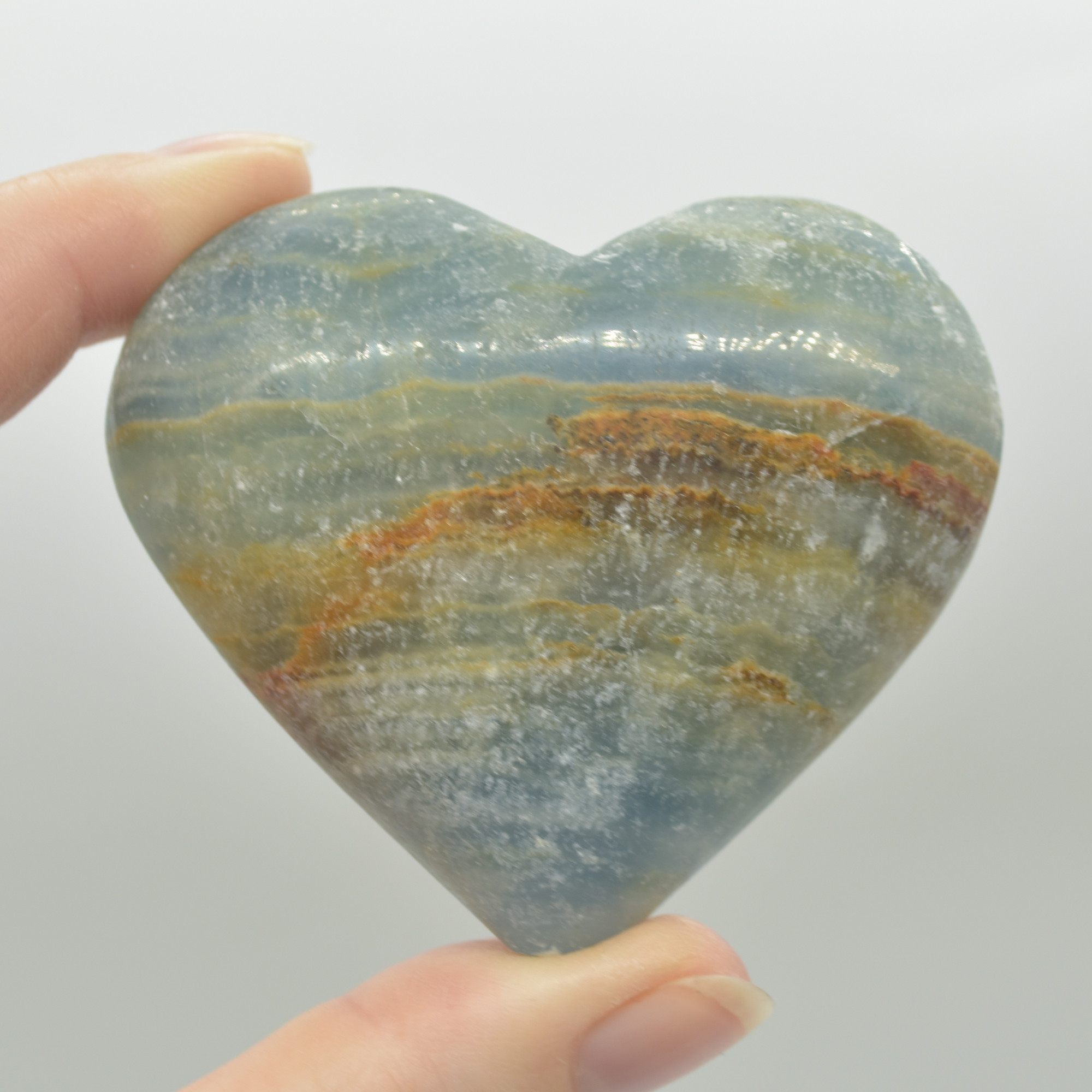 Blue Onyx Lemerian Aquatine Calcite Crystal Puffy Heart - 125 grams - 5.5cm #04