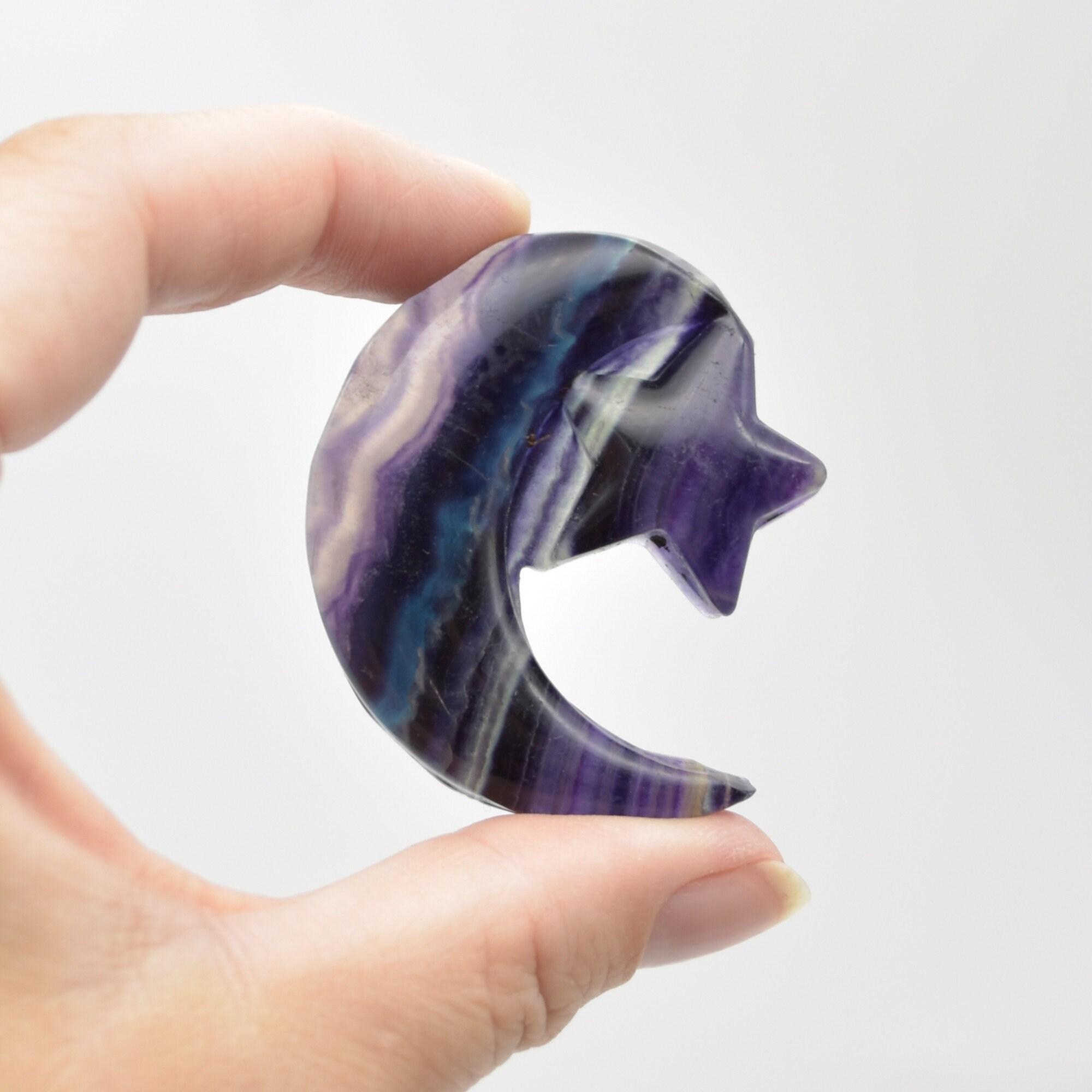 Rainbow Fluorite Crystal Carved Moon and Star - 5cm #25