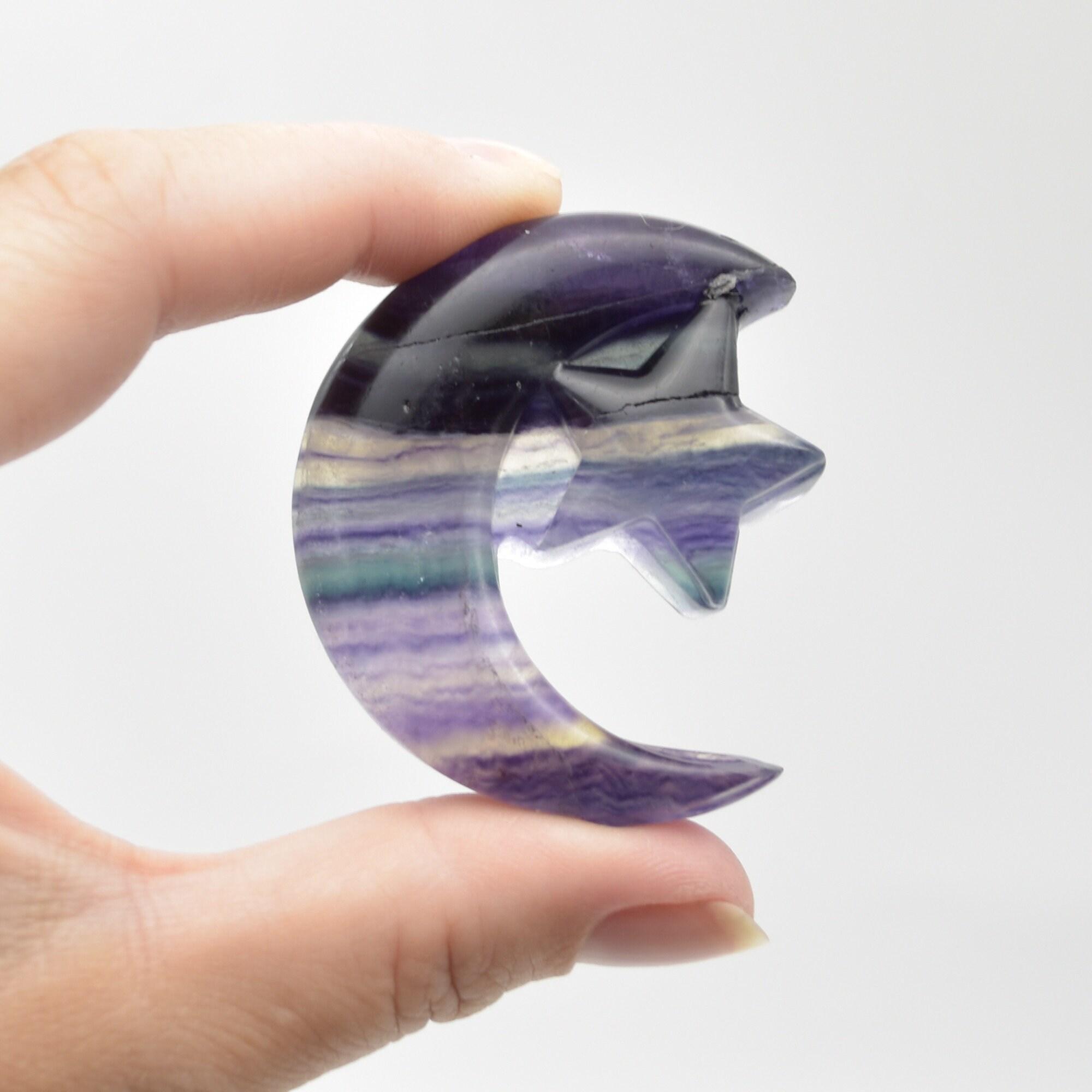 Rainbow Fluorite Crystal Carved Moon and Star - 5cm #23