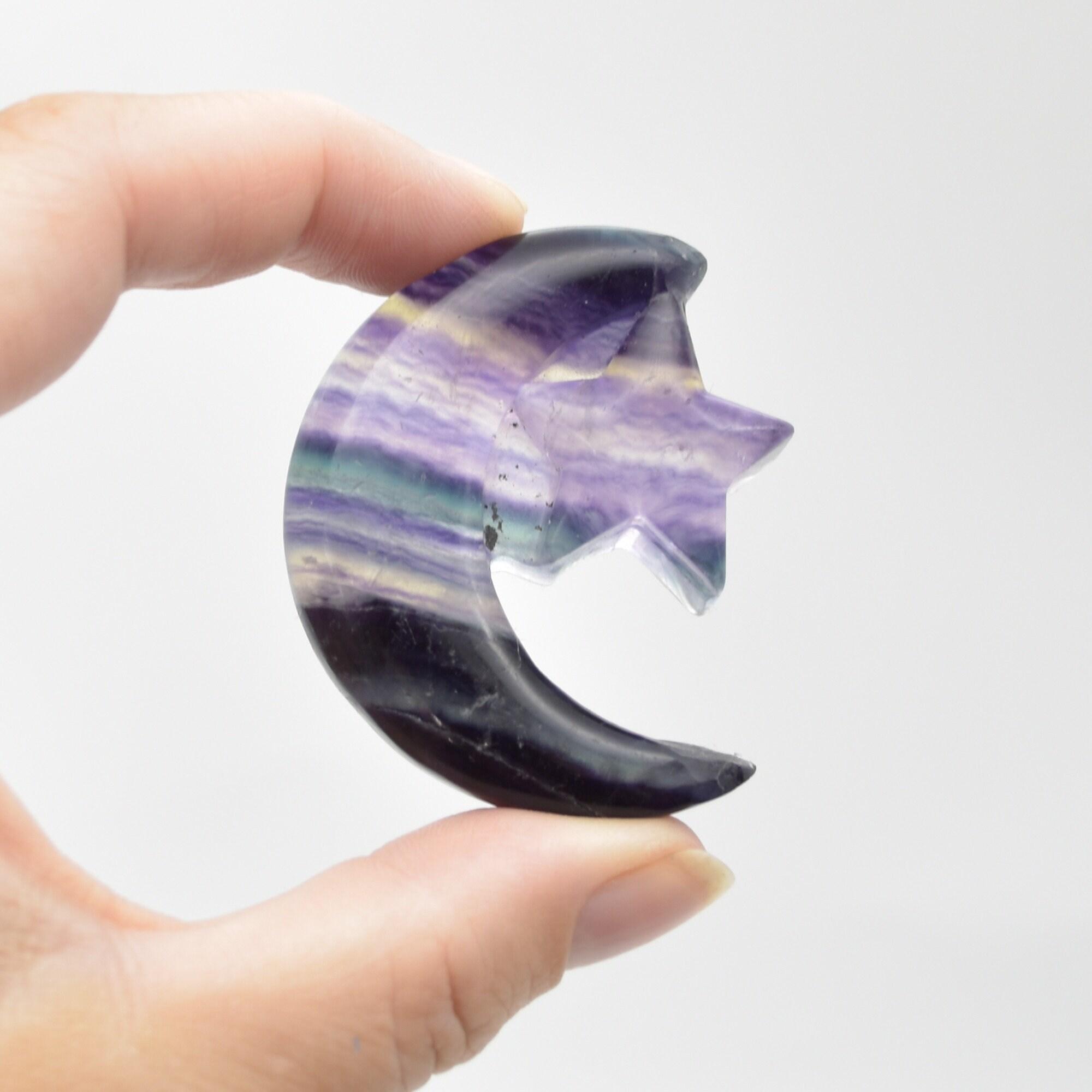 Rainbow Fluorite Crystal Carved Moon and Star - 5cm #19