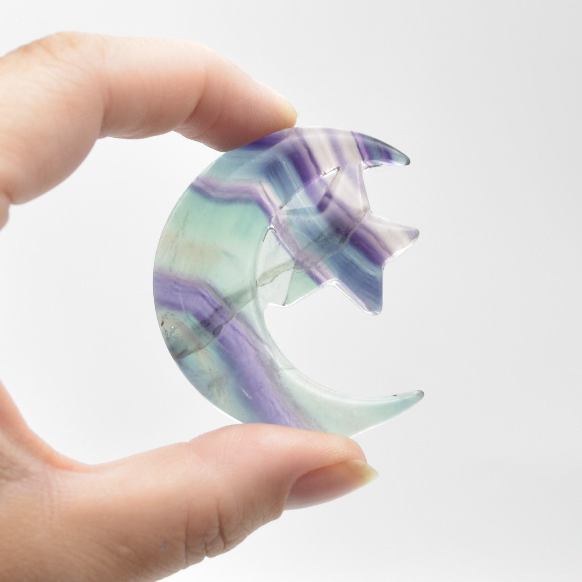 Rainbow Fluorite Crystal Carved Moon and Star - 5cm #16