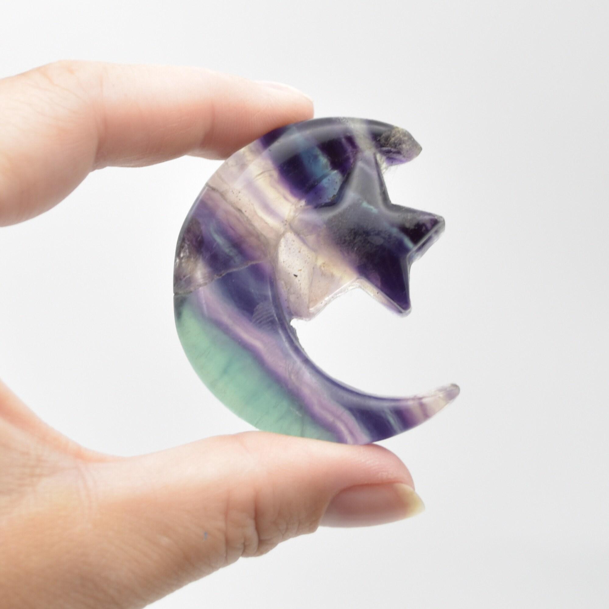 Rainbow Fluorite Crystal Carved Moon and Star - 5cm #13