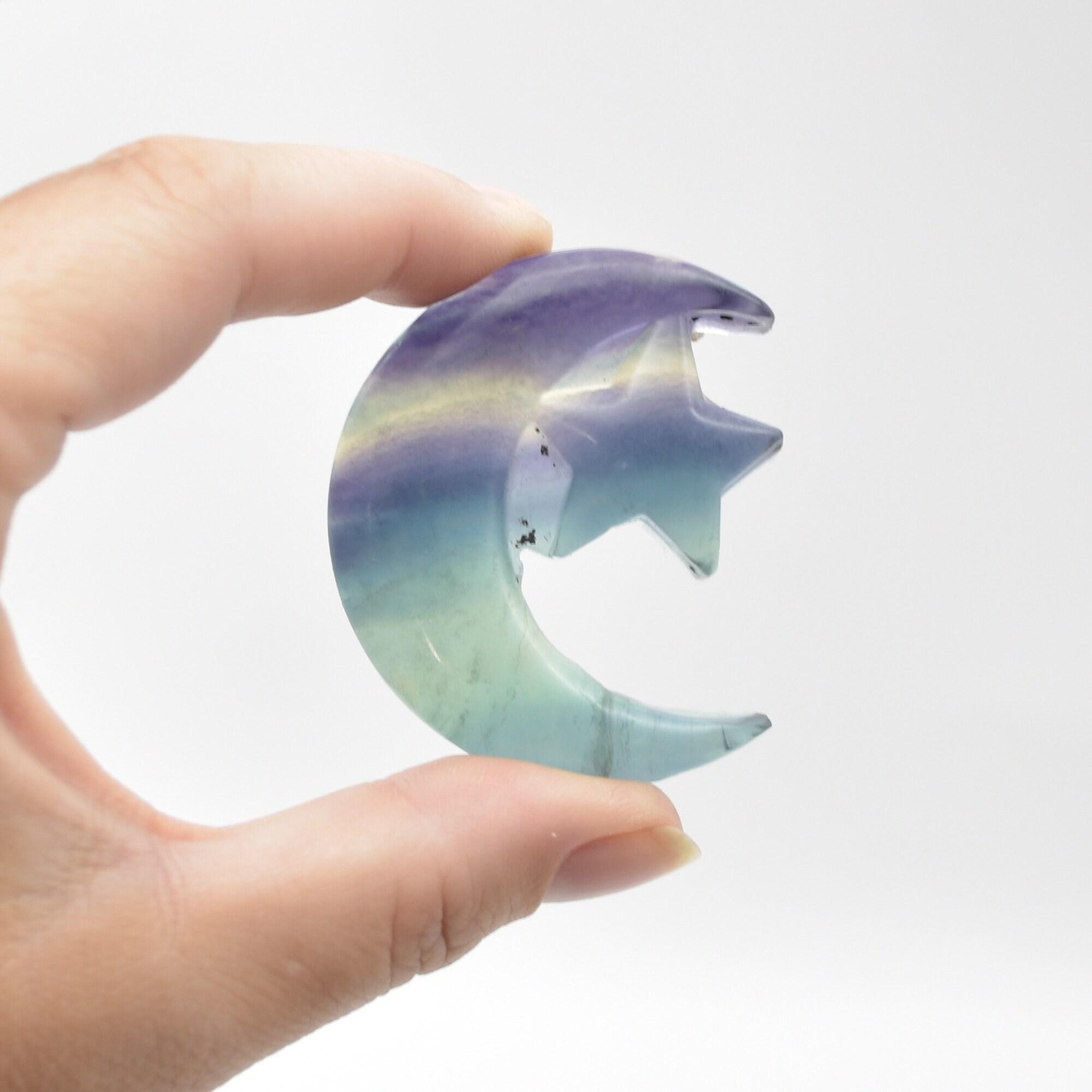 Rainbow Fluorite Crystal Carved Moon and Star - 5cm #08