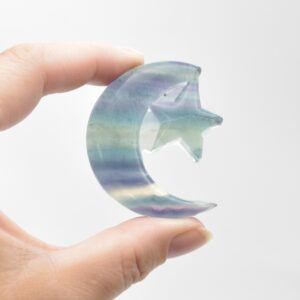 Rainbow Fluorite Crystal Carved Moon and Star - 5cm #03