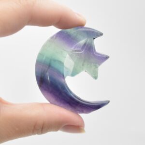 Rainbow Fluorite Crystal Carved Moon and Star - 5cm #02