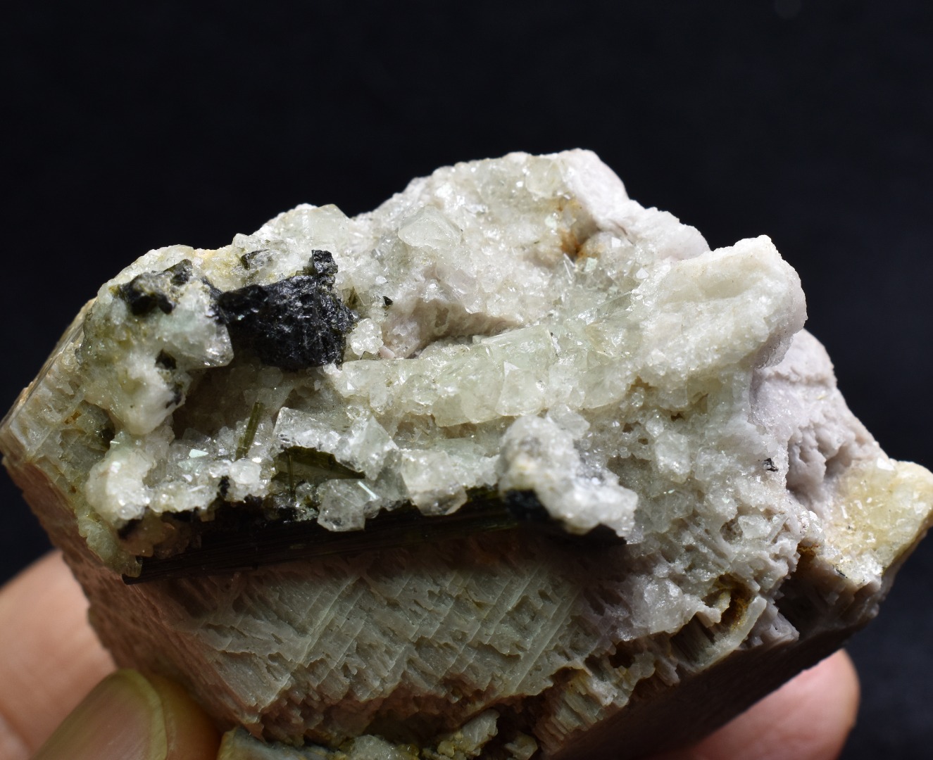 Green Herderite on Feldpar with Schorl Black Tourmaline, Elbaite Green Tourmaline, Albite, Rare, Synergy 12, Crystal Specimen - 122 grams - Image 7