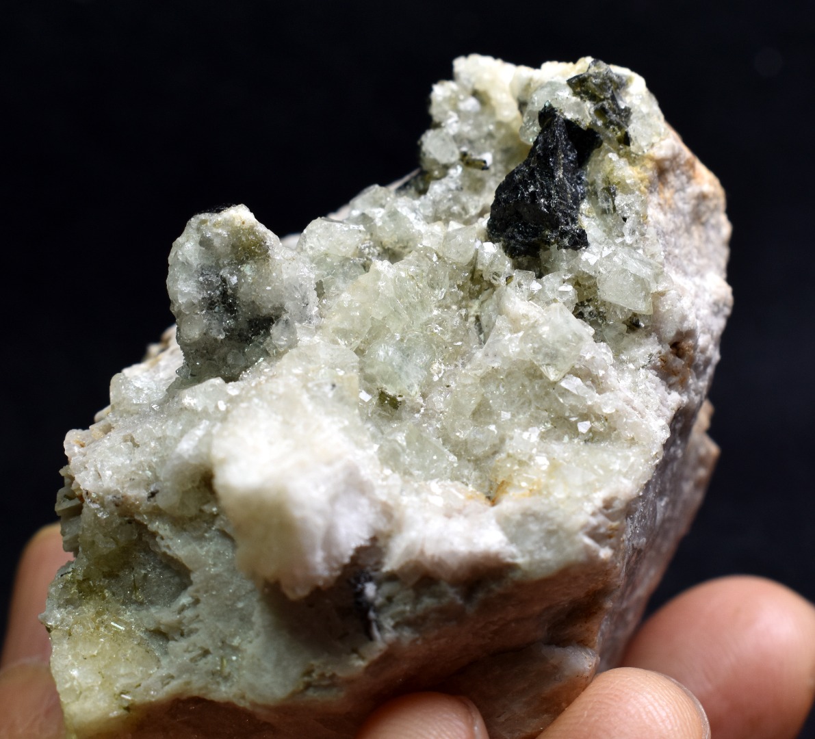 Green Herderite on Feldpar with Schorl Black Tourmaline, Elbaite Green Tourmaline, Albite, Rare, Synergy 12, Crystal Specimen - 122 grams - Image 6