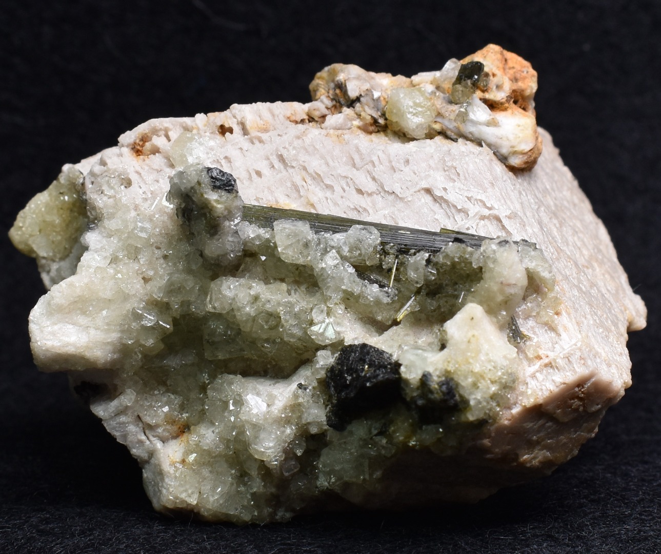 Green Herderite on Feldpar with Schorl Black Tourmaline, Elbaite Green Tourmaline, Albite, Rare, Synergy 12, Crystal Specimen - 122 grams