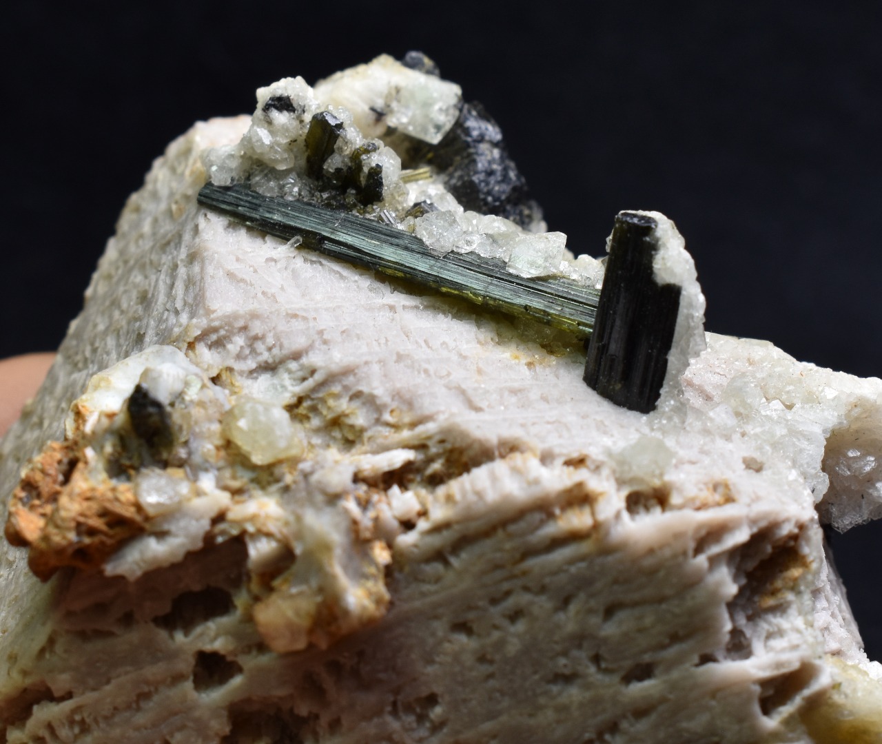 Green Herderite on Feldpar with Schorl Black Tourmaline, Elbaite Green Tourmaline, Albite, Rare, Synergy 12, Crystal Specimen - 122 grams - Image 3