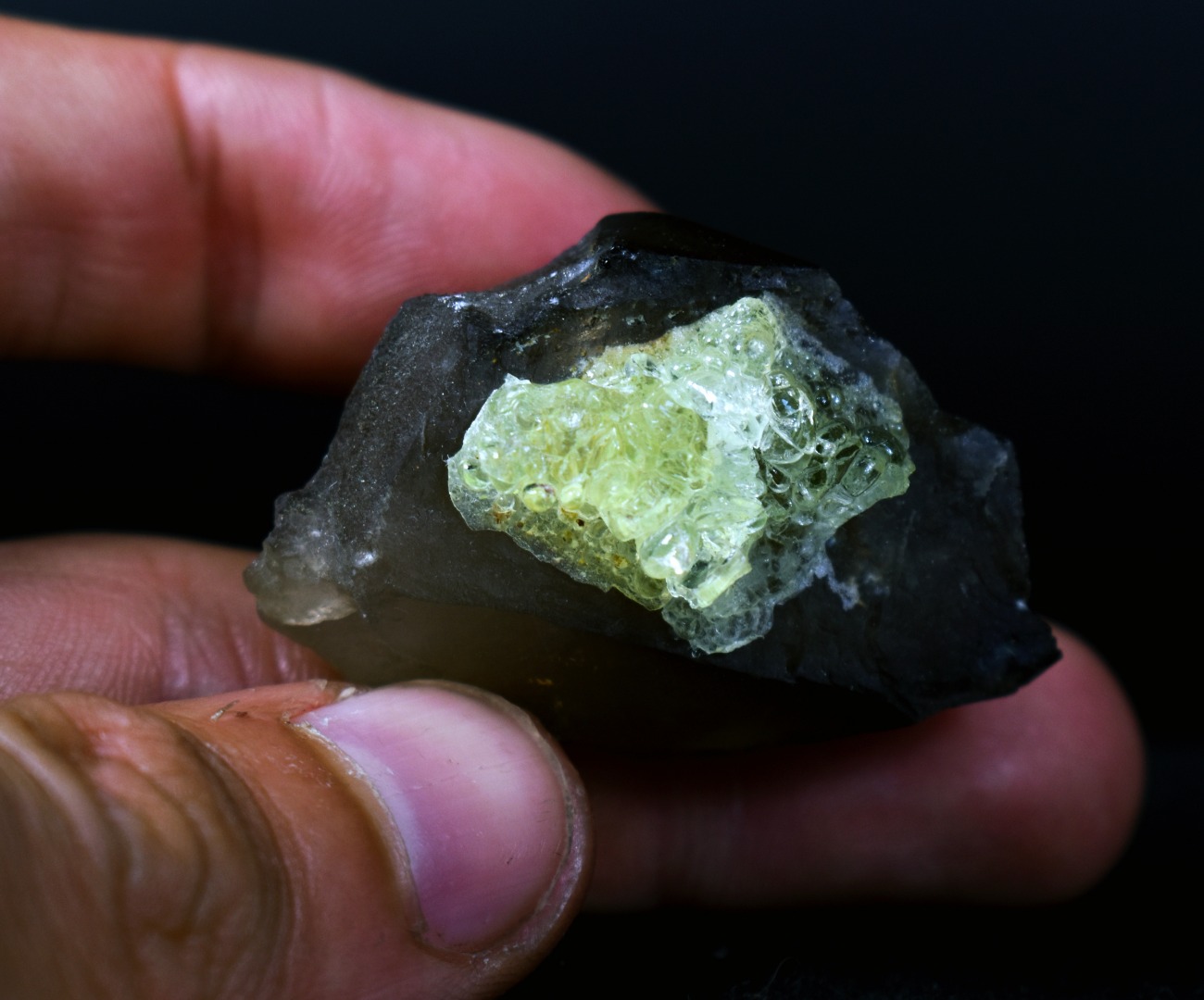 Fluorescent Hyalite Opal with Smoky Quartz - Mineral from Erongo Mountains Namibia, 24 grams