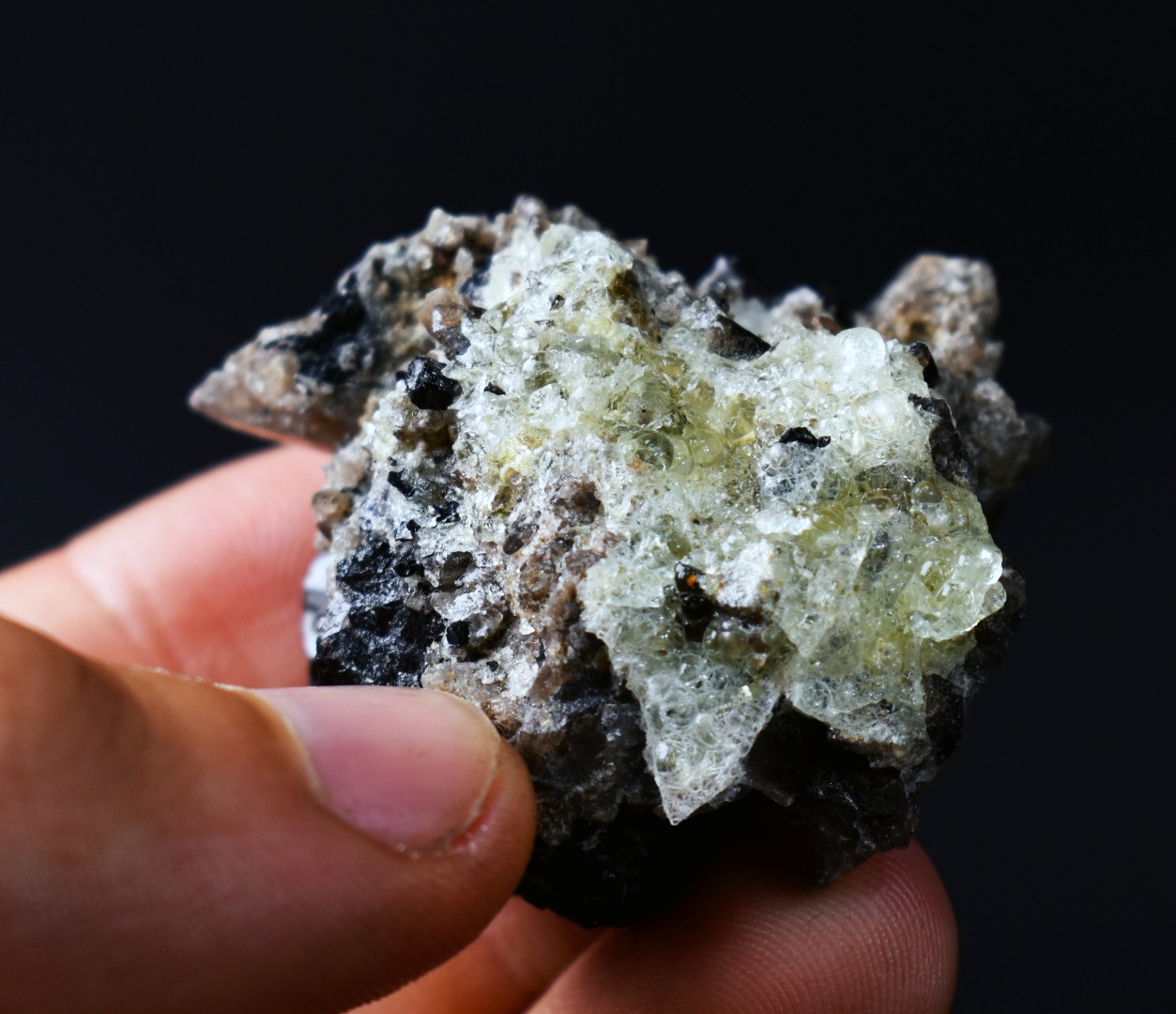 Fluorescent Hyalite Opal with Smoky Quartz, Black Tourmaline - Mineral from Erongo Mountains Namibia, 34 grams